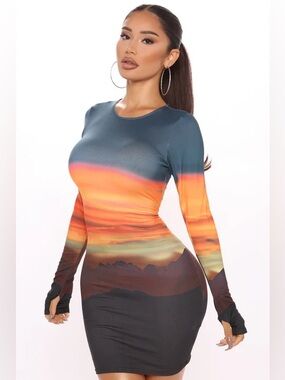 Desert Sunset Gradient Long-Sleeve Bodycon Mini Dress by Fashion Nova